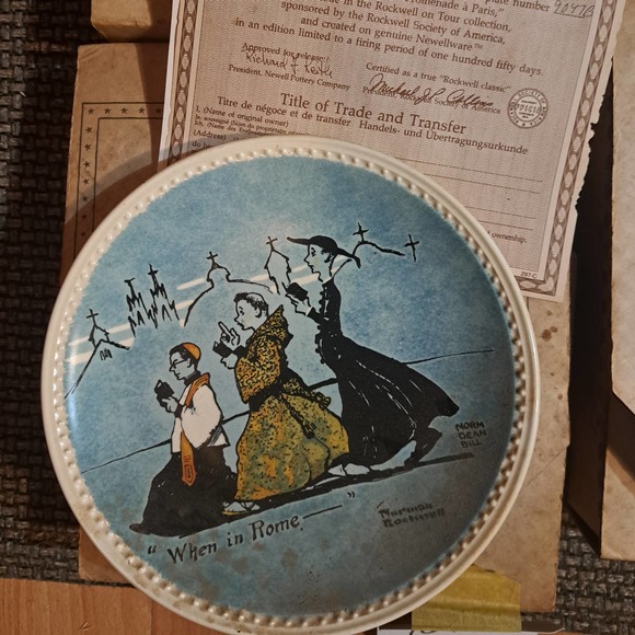 Fun Vintage Norman Rockwell On Tour Plates Newell Pottery Set of 4 COA - Picture 2 of 8